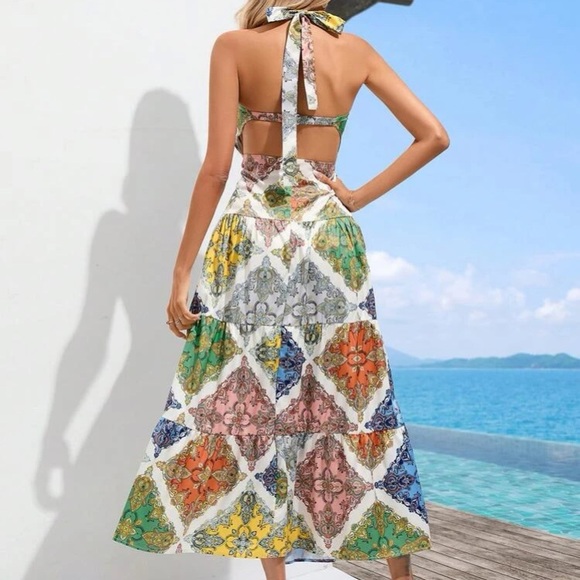 Scarf Print Tie Backless Halter Dress - Picture 2 of 6